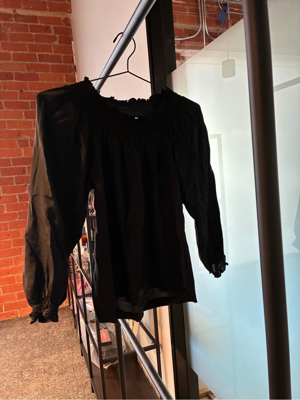Maje Black Smocked-Neck Long Sleeve Blouse